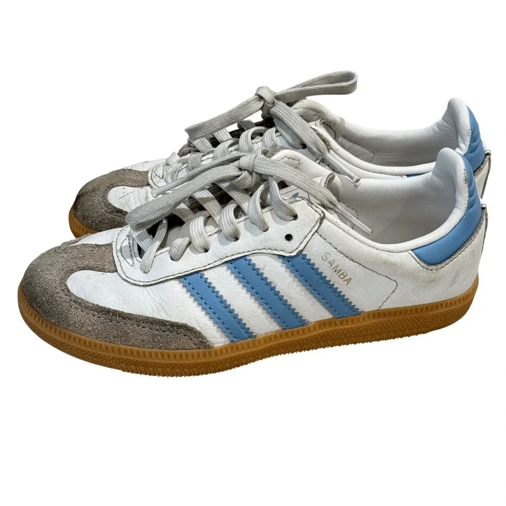 Adidas Samba Sneakers Kids Size 11.5K White Blue Leather Gum Sole Athletic Retro